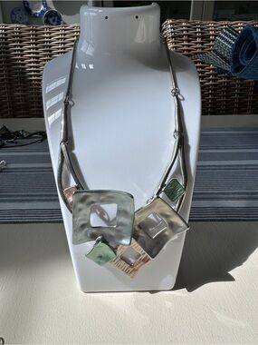 Contemporary Silver-Tone Geometric Necklace with Green Accents